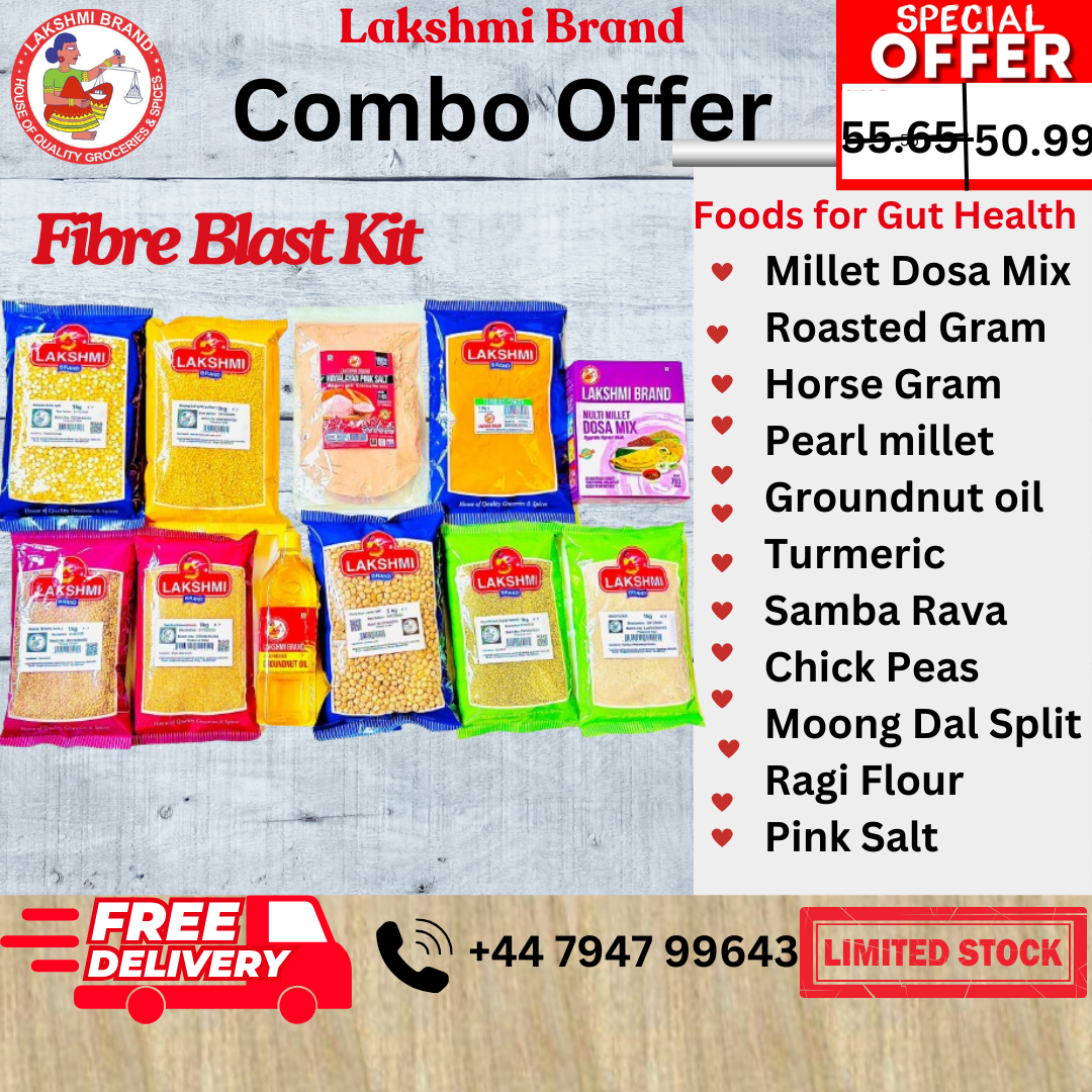 Fibre Blast Kit/Combo Offer Pearl Millet(1Kg) Millet Dosa Mix( 750g) Chick Peas(2Kg) Ragi Flour(1Kg) Roasted Gram(1Kg) Horse gram(1Kg) Samba Rava(1Kg) Pink Salt (1 Kg) Groundnut oil(1L) Turmeric Powde