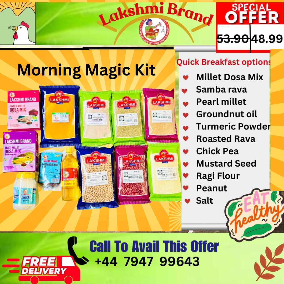 Morning Magic Combo Offer(Millet Dosa Mix(750g)Multi Millet Dosa Mix(750g)Sambha rava(1Kg)Pearl millet(1Kg)Groundnut oil(1L)Peanut(800g)Pink Salt(1Kg)Turmeric Powder(1Kg)Roasted Bombay Rava(1Kg)Chick